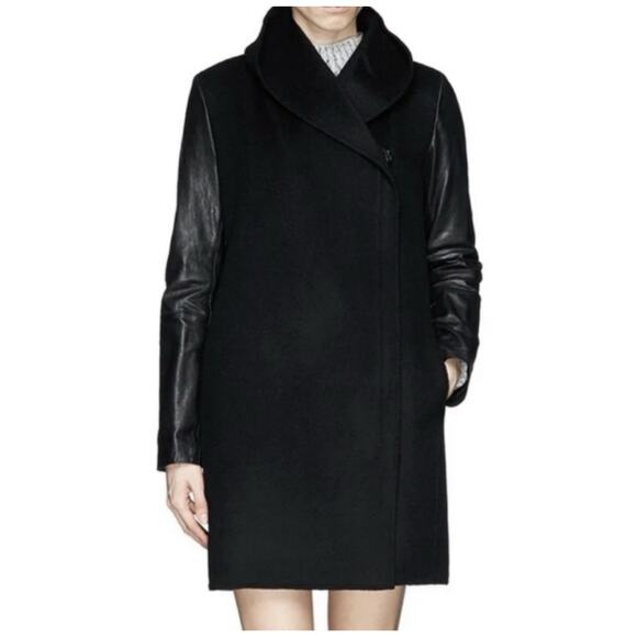 VINCE Black Wool Leather Zip Front Shawl Collar Jacket Coat - Picture 1 of 16
